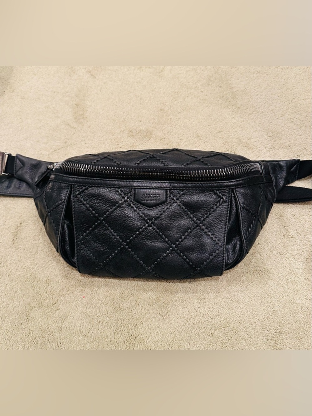 Aimee Kestenberg Black Leather Quilted Belt Bag Crossbody Fanny Pack Large